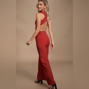 Plunge, cross-back Red wide leg jumpsuit